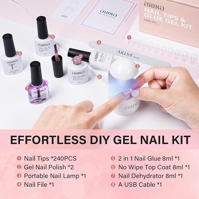 AILLSA Almond Nail Kit with U V Lamp for DIY Salon 240pcs | 2 In 1 Nail Glue Base Coat and Nail Dehydrator, Nail Extension Kit with Nail Lamp Top Coat for Starters