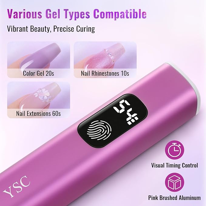 YSC Handheld UV Light for Nails, Cordless Flash Cure Lamp LCD Dual Timers | Portable mini uv nail lamp to flash cure soft gels, LCD dual timers, aluminum shell, 60 mins runtime, home & salon manicure