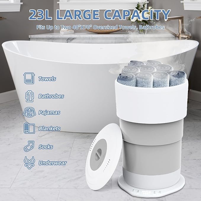 Fistone Foldable Towel Warmer for Bathroom – 23L Large Rapid Heat Towel Warmers Bucket with 3 Heat Levels, One-Touch Start, Auto Shut-Off Timer