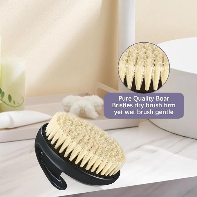 Dry Brushing Body Exfoliating Brush, Anti-Slip Body Scrubber for Shower, Natural Boar Bristles Bath Brush for Deep Cleansing & Softening Skin, Improve Circulation (Black-Boar Bristles)