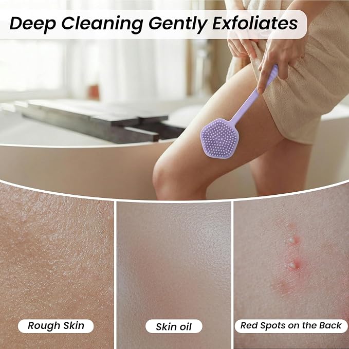 Redfly Silicone Back Scrubber for Shower Brush, 17 inch Long Handled Silicone Body Scrubber for Men & Women, Double Sided Shower Scrubber for Body Brush Exfoliator and Massage, Purple