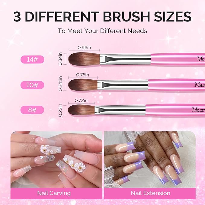 MelodySusie Acrylic Nail Brush Set, Size 8,10,14 Professional Pink Silver Nail Brushes with Cleaner Tool and Brush Holder, for Acrylic Powder Nail Extension and 3D Nail Carving, Home DIY Salon