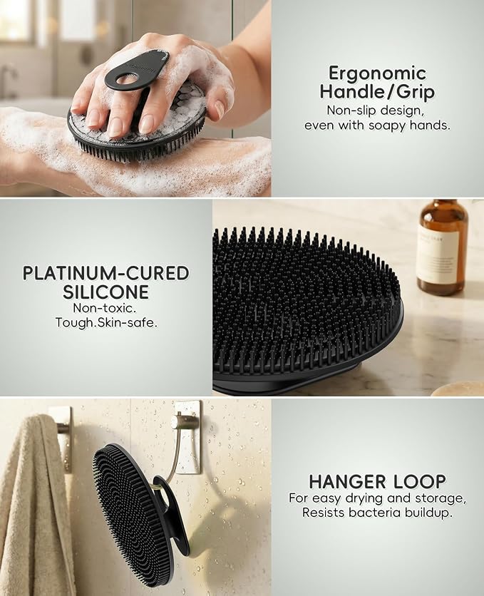 Soft Silicone Shower Brush Body Wash Bath Exfoliating Skin Massage Scrubber | 2 Pack Dry Skin Brushing Glove Loofah, Fit for Sensitive and All Kinds of Skin(Mint+Black)
