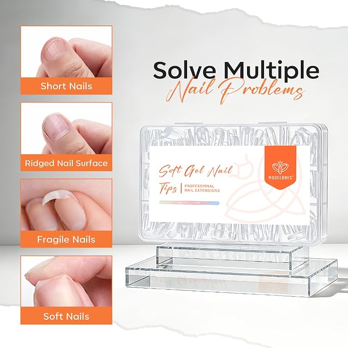 Modelones Almond Nail Tips Short Clear Soft Gel Fake Press On Nails Tip | Soft Gel Nail Tips Half Matte Full Cover Clear Acrylic Gel False Press on Extension 12 Sizes