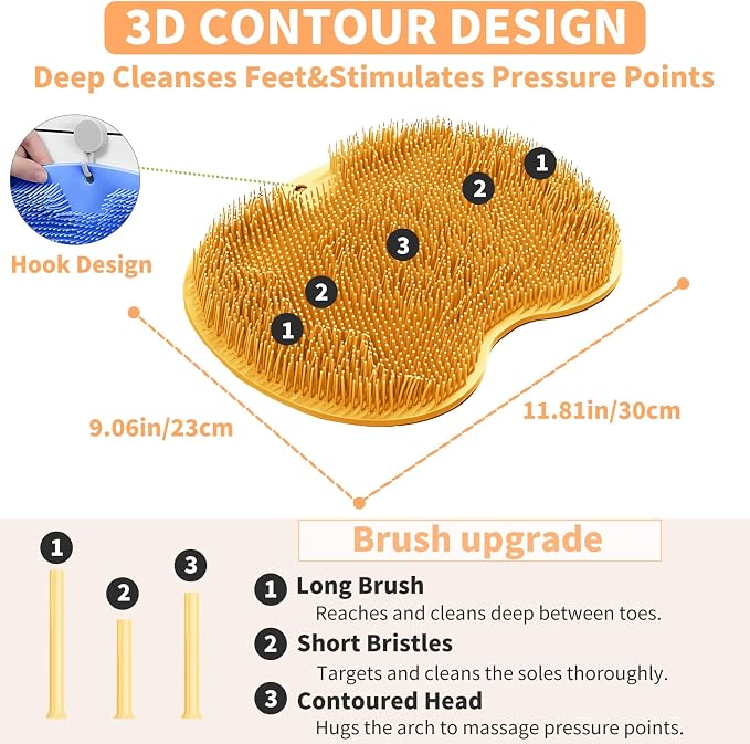 Shower Foot Scrubber Mat with 3 Types of Upgraded Brushes for Massage, Shower Back Scrubber with Micro Suction Cups,Back Washer Exfoliating Bath,Shower Scrubber for Body at Home Spa(Orange)