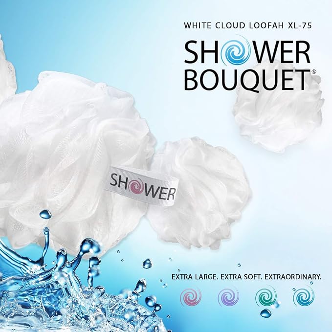 SHOWER BOUQUET Loofah Soft-White-Cloud Bath-Sponge 4-Pack Extra Large 75g | Soft Mesh Net Luffa Loufa Loofa Puff Set / Exfoliating Body Scrubber Lufas for Women and Men Face & Body Shower Loofah Sponge