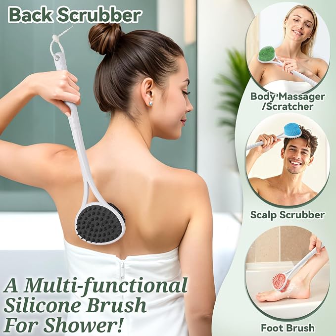 Silicone Back & Face Scrubber Set, 15.35’’ Soft Back Scrubber for Shower with Dual-Side Brush Head, Gentle Silicone Facial Scrubber Face Brush for Deep Lathering & Cleansing(Black-2PCS)