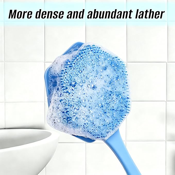 14" Silicone Back Scrubber for Shower, Long Handle Body Brush | Soft Bristles Exfoliate&Massage Skin. Non-Slip Grip, Reach Full Back Easily. Ideal for Men&Women, Bath Use. Blue.