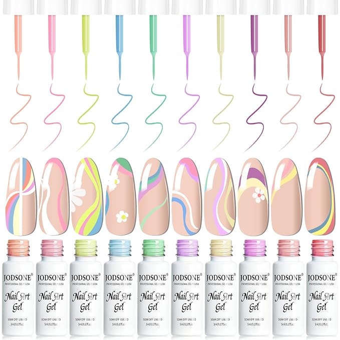 JODSONE 5ml Nail Art Gel Liner Set 10 Colors Gel Nail Polish Need U V Lamp Cured with Thin Brush Gift for Girls at Home Salon Design,Pink Red Blue Purple