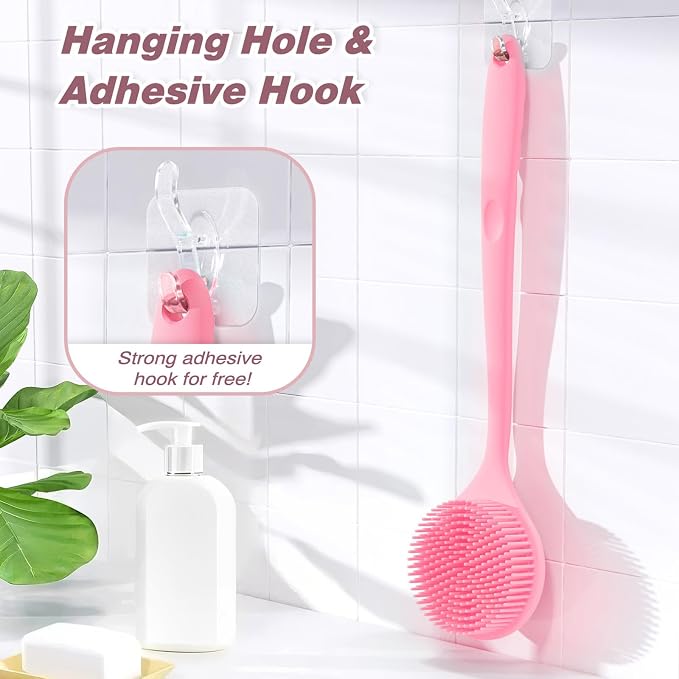 Manmihealth Silicone Back Scrubber & Soft Bath Glove Set 2PCS Pink | Super-Exfoliating Body Scrubber & Super-Lathering Shower Brush Combination, Thick Bristles, with a Free Hook