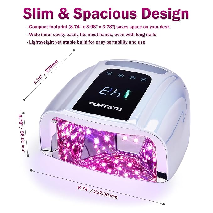 PURTATO Professional Rechargeable 96W UV LED Portable Cordless UV Light for Nail Lamp Machine with Removable Stainless Steel Bottom,4 Timer Setting and Smart Sensor Nail Dryer (Plating Silver)