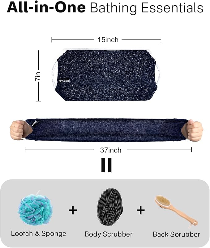 Yiclick Exfoliating Washcloth Towel with Handle, Back Scrubber for Shower, Exfoliating Body Scrubber Exfoliator, Japanese Wash Cloth for Body Scrub, Bath Sponge Loofah Luffa Washer Exfoliator
