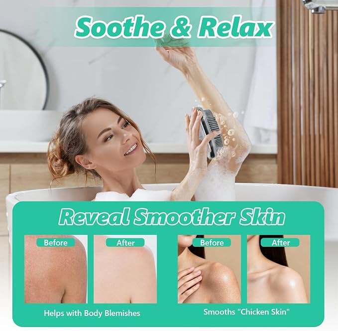 Silicone Body Scrubber, 2 in 1 Bath Brush Exfoliating Loofah | 1000+ Soft Bristles Deep Cleaning Hair Skin, Fast Drying Shower Brush Scalp Massager, Suitable for All Skin Types