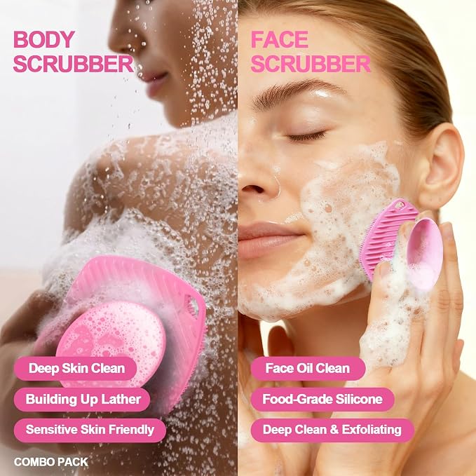 Silicone Body Scrubber with Suction Cup, Gentle Texture Exfoliating Body Scrubber for Men and Women On Sensitive Skin, Build Up Lather, Deep Skin Clean (Body+ Face Scrubber Pink)