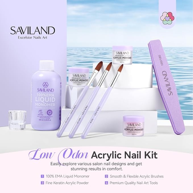 SAVILAND Acrylic Nail Kit for Beginners with Everything, Clear White Pink | HEMA-Free, Low-Odor, Non-Yellowing Formula, Air Dry In 5–8 Min, Includes Size 8 10 14 Brushes & Forms, Beginners, Home DIY
