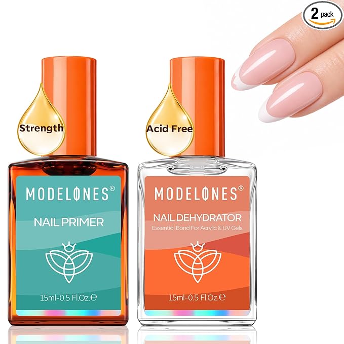 Modelones Nail Dehydrator and Primer Set 15ml 2 Pcs HEMA Free Prep Kit | Acid Free Strong Adhesion Bonder Base Coat for Gel Polish Acrylic X Nail Gel Press On No Lift Long Lasting Home Manicure