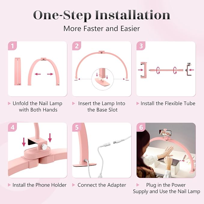 Yokilly Half Moon Light for Nail Desk: 29" Foldable Nail Light for Desk | Arch Nail Tech Light with Phone Holder for Beginner - 3 Color Modes & 10 Brightness for Manicure Salon-Pink