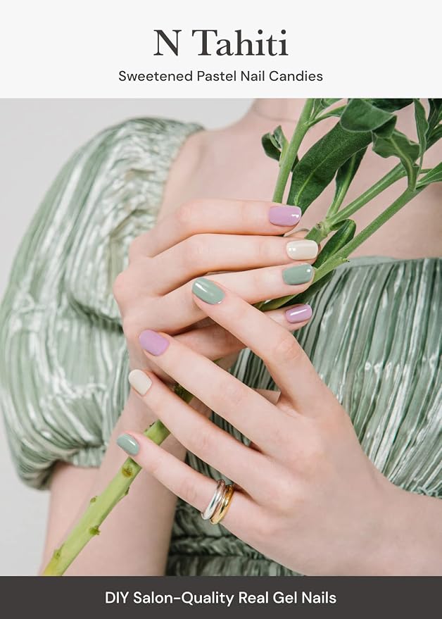 ohora Semi Cured Gel Nail Strips (N Tahiti) - Purple/Green, Solid, Works with UV/LED Lamps, Salon-Quality, Long Lasting, Easy to Apply & Remove - Includes 2 Prep Pads, Nail File & Wooden Stick
