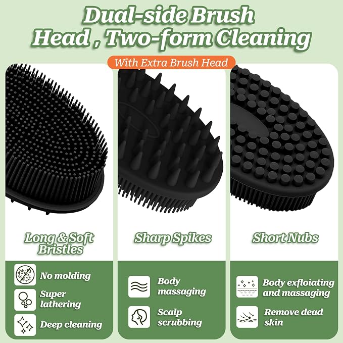 Silicone Face & Back Scrubber Set, Manual Face & Body Scrubber Exfoliator with Soft Bristles and Non-Slip Handle, Back Brush Bath Brush with 2 Detachable Brush Heads(3PCS Black Set)