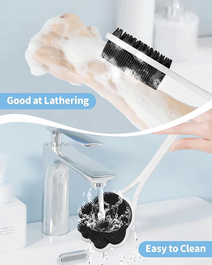 Manmihealth 15.7" Cute Silicone Back Scrubber with Long-Handle Black | Dual Use Back Brush for Shower with Super-Soft Silicone Bristles, Paw-Shaped Shower Body Scrubber for Sensitive Skin