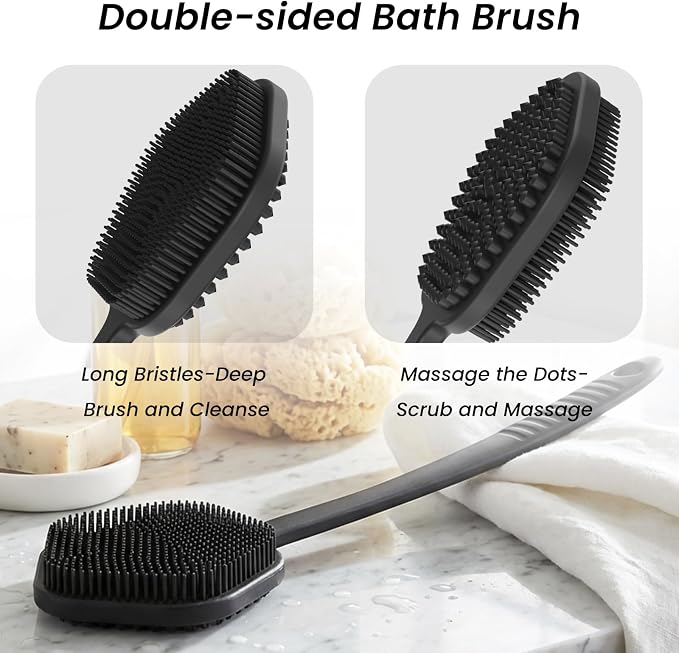 Redfly Silicone Back Scrubber for Shower Brush, 17 inch Long Handled Silicone Body Scrubber, Double Sided Shower Scrubber for Body Brush