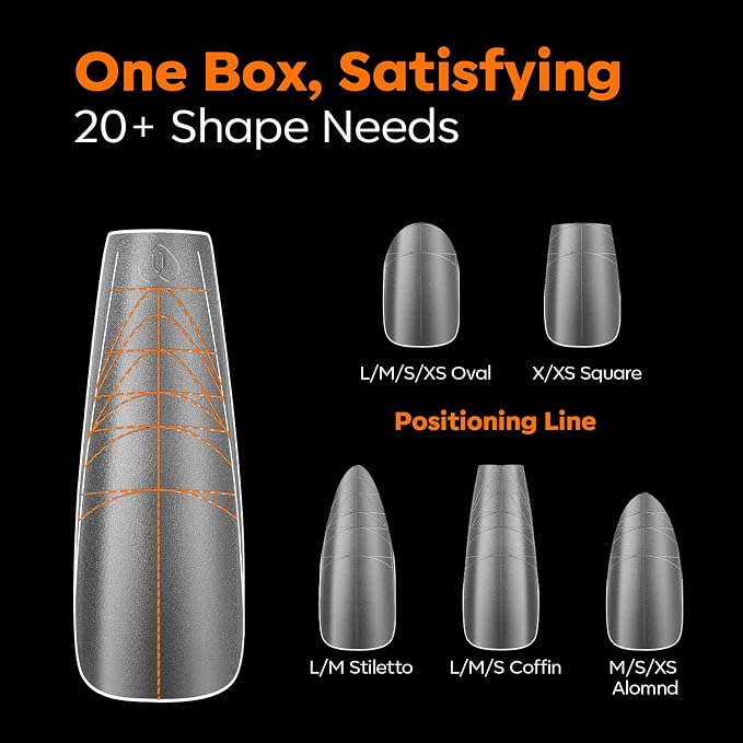 Modelones Long Coffin Guiding Line Nail Tips Soft Gel Fake Nails False Full | Acrylic Clear Full Cover Press on Extension Kit Gel Manicure DIY at Home 216PCS 12Sizes