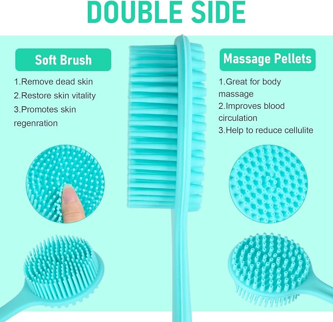 KXF Silicone Back Scrubber for Shower Bath Body Brush with Long Handle Double Sided Exfoliating Shower Brush with a Hook and a Lanyard