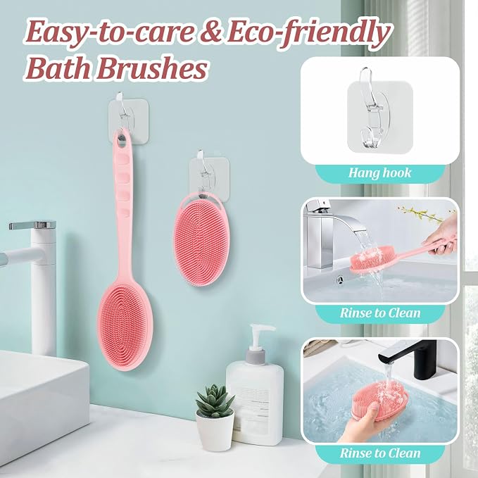 Silicone Back & Body Scrubber Set 2PCS, 13.4'' Gentle Exfoliating Back Scrubber with Dual-Side Head and Non-Slip Handle, Hygienic Silicone Loofah with Soft Bristles and Massage Dots(Pink-2PC)