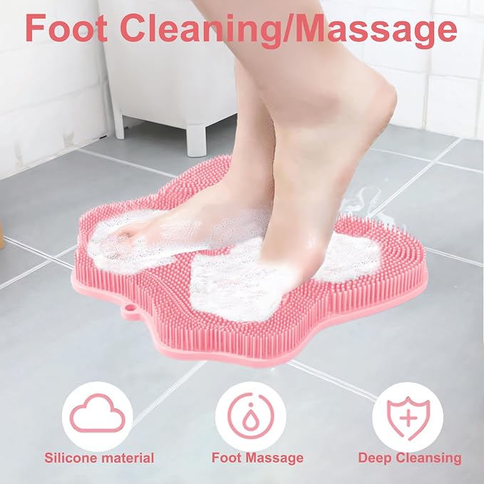 Shower Foot Scrubber, Shower Foot and Back Scrubber with Suction Cups, Shower Silicone Foot Washer for Exfoliating Massage（Pink）