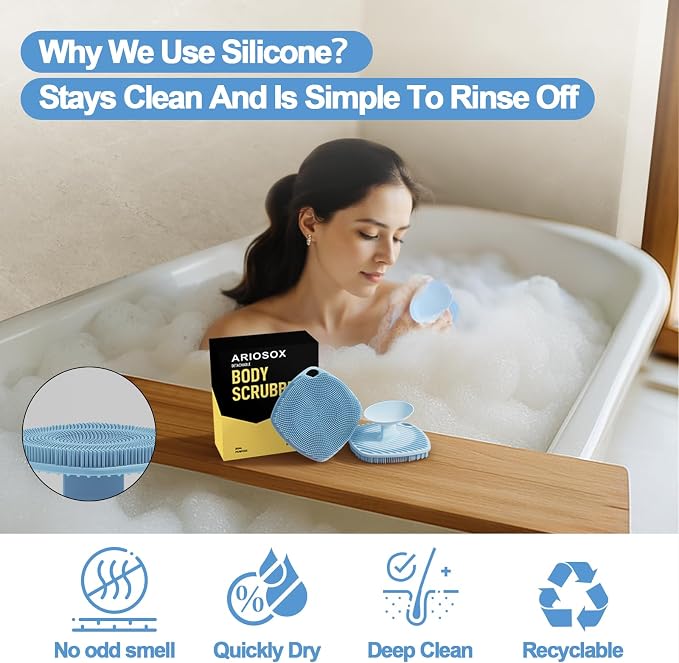 Silicone Body Scrubber, Bath Brush,Gentle Texture Exfoliating Body Scrubber for Men and Women On Sensitive Skin, Soft Scrubber Builds Up Lather, Deep Skin Clean (Blue)