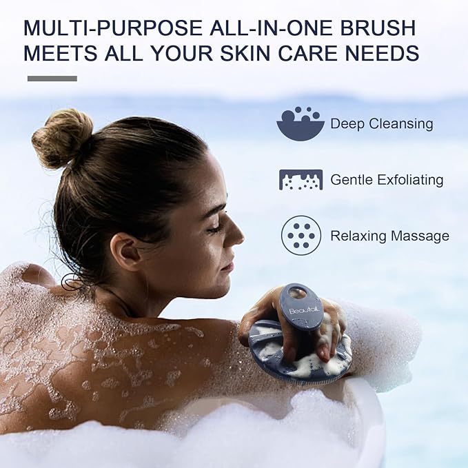 Silicone Body Scrubber, BEAUTAIL Gentle Exfoliating Brush on Sensitive Skin | Soft Shower Scrubber for Body, Hygienic Silicone Loofah, Bathroom Essentials Brush for Women, Men & Kids, 1-Pack, Blue