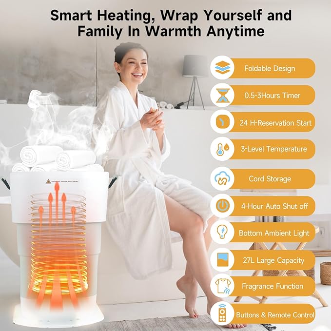 LIONROGE 27L Upgrade Foldable Towel Warmer for Bathroom with Handle- Heated Towel Warmers Bucket with Time Setting, Auto Shut Off,Fits Up to Two 40"X70" Oversized Towels, Bathrobes, Blankets