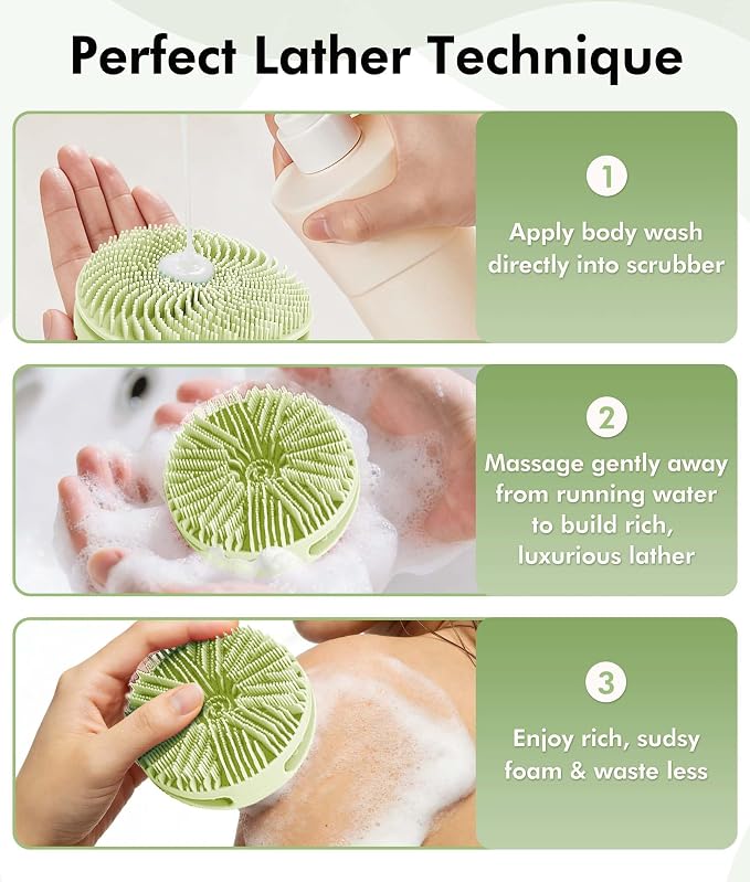 3 Pack Silicone Shower Brush, Dual-Sided Exfoliating Body Scrubber for Women Men, Gentle Bath Brush for All Skin Types with Rich Foaming