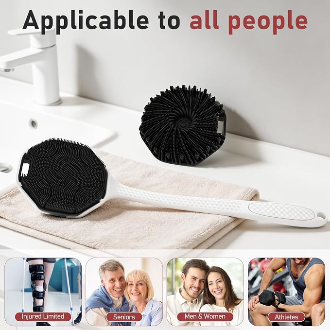 Back Scrubber for Shower for Men 2 Pack, Silicone Body Scrubber with Long Handle, Detachable Body Wash Scrubber Shower Scrub Brush - Lathering Bristles Deep Clean Exfoliator Women Mens Black