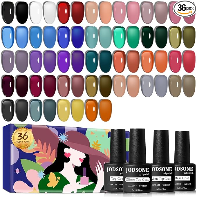 JODSONE Jelly Gel Nail Polish Kit 32 Classic Colors Crystal Transparent High Shine Base & Top Matte Glitter Coat