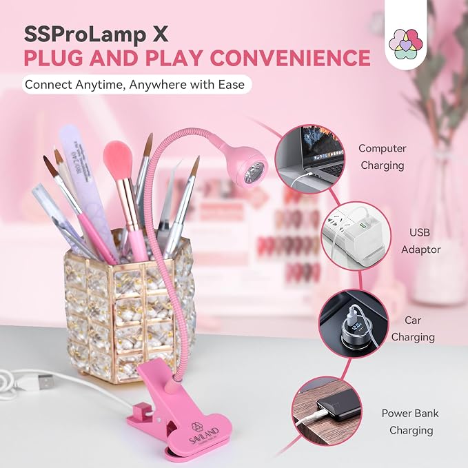 SAVILAND Gooseneck U V Light for Nails Flash Cure Gel Lamp with Desk Clip | 10s fast curing, LED UV dual light, Salon grade, Manicure use, Gel nail polish & nail tips curing tool, Pink
