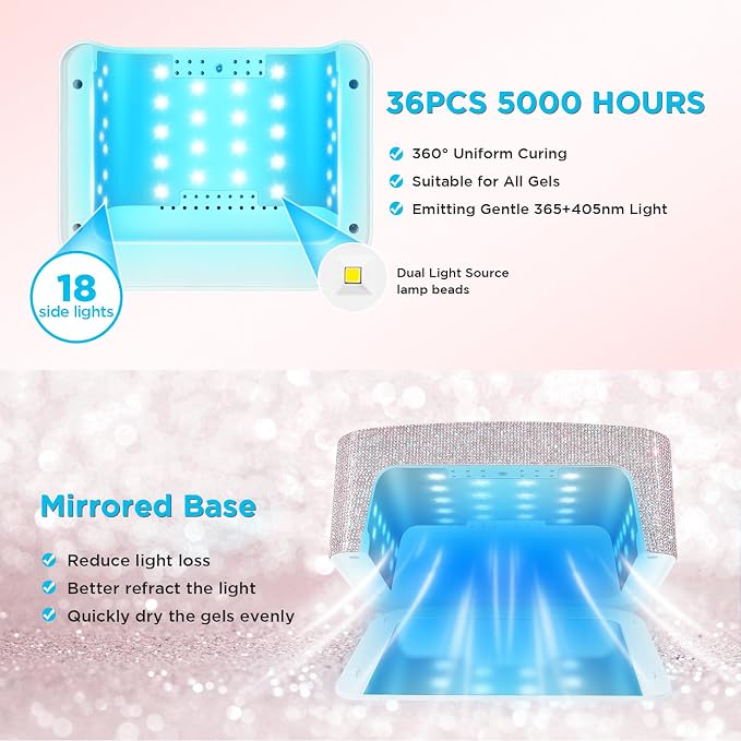 Aedavey Cordless UV Nail Lamp, Rechargeable UV Light for Gel Nails, LED Nail Lamp with 4 Timer Modes, Gel Nail UV Light Decorate with Sparkling Nail Rhinestones (Sparkly White)
