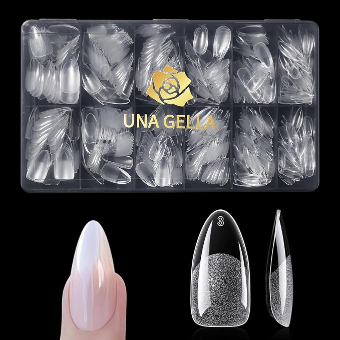 UNA GELLA 600 Pcs Almond Gel Nail Tips, Pre Etched Medium Almond Nail Tips | Full Cover Fake Clear Press On Nails for Flat & Curved Nails Bed Extension Home DIY Salon 12 Sizes