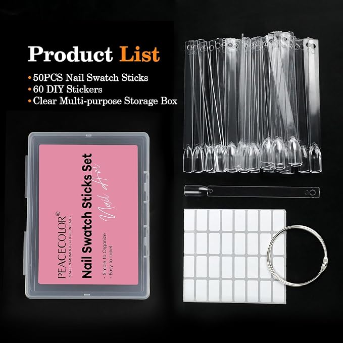 PEACECOLOR 50 Pcs Nail Swatch Sticks with Ring, Nail Color Swatches Display Kit with 60 Blank Number Sticker & Protective Container Box - Clear Fan-Shaped Swatch for Nail Art Practice Home and Salon