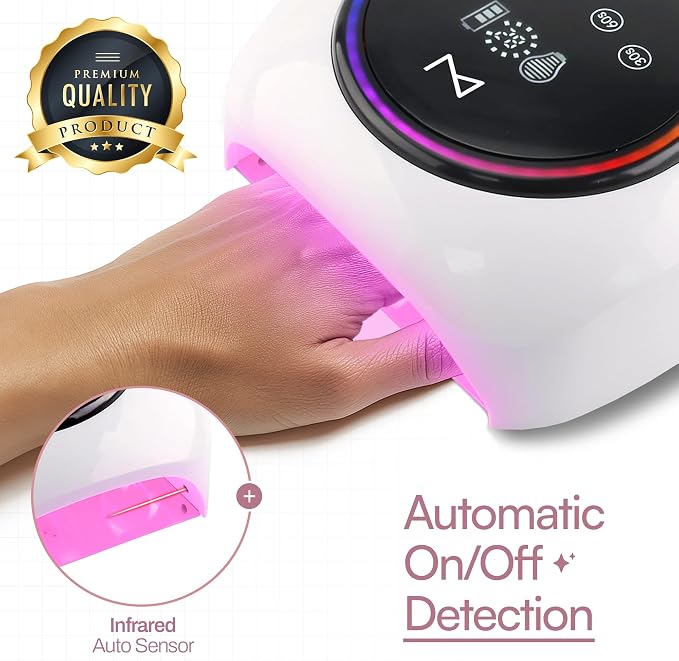 M - HaloLite LED Nail Curing Lamp 98W, 32 LEDs, Wireless Rechargeable with 5200mAh Battery, Fast UV/LED Gel Nail Dryer for Salon & Home Use, Long-Lasting, Portable, Cordless Design (White)
