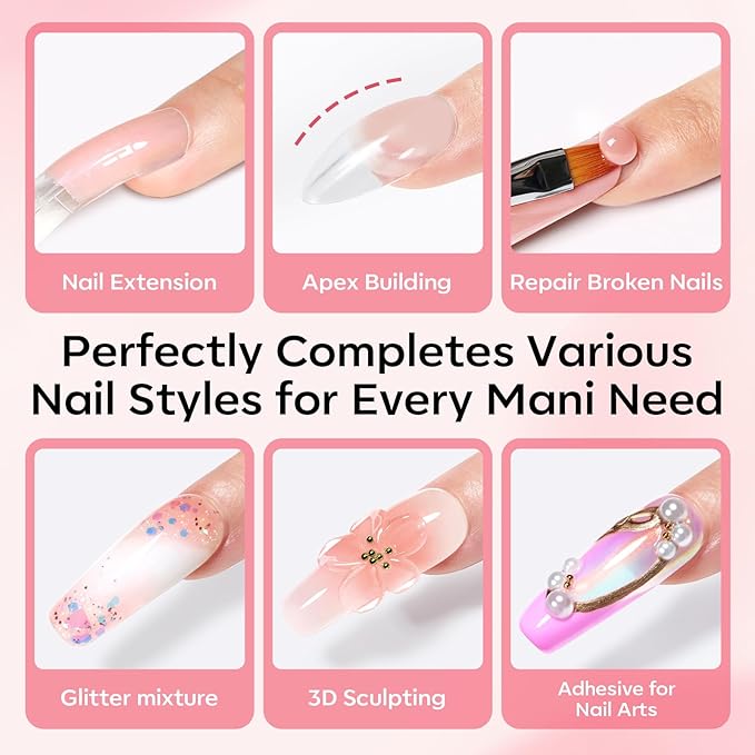 Modelones Poly Gel Nail Kit 3 Colors Clear White Apricot with Slip Solution | Dual Nail Forms Top Base Coat Extension Builder Gel Polygel Toenail Kit DIY Nail Art Salon Use