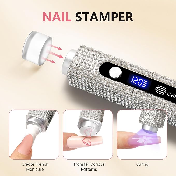 UV Nail Lamp, 3 in 1 Handheld UV Light for Gel Nails, Flash Cure Nail Lamp | Cat Eye Magnet | Cordless | 3W | Type-C | 400mAh | Full Rhinestone Covered | Mini Size | Easy to Carry | White Diamond