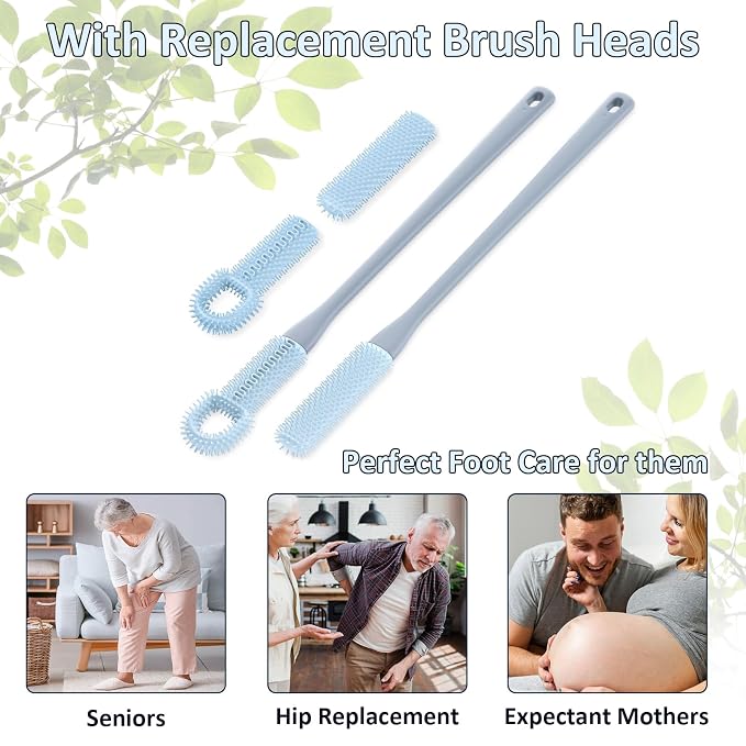 Foot Scrubber for Shower - 2 Pack Long Handle Toe Cleaning Brush with Replaceable Silicone Toe Scrubber Head for Seniors, Elderly, Disabled Men and Women - Blue