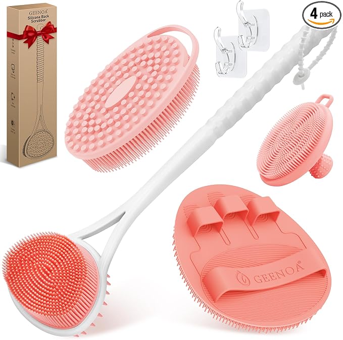 Silicone Back Body Face Scrubbers Set 4PCS, 15.35’’ Back Scrubber Soft Body Scrubber for Dual-Side Usage, Easy-to-Hold Soft Bath Glove & Face Scrubber for Good Foaming Deep Cleaning(Pink)