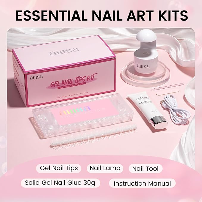 AILLSA Gel Nail Extension Kit Short Almond Nail Tips, Nail Glue & U V Lamp | Upgrade Glue Gel for Fake Tips Press on Nails, Nail Extensions Kit with Portable Nail Lamp for Beginners