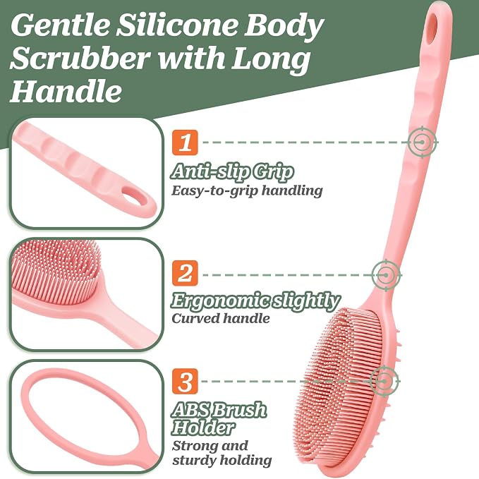 Silicone Back/Body/Face Scrubber & Scalp Massager Set 5PCS, 13.4'' Soft Back Scrubber, 360° Anti-Slip Bath Glove, Unique Side-bristled Face Scrubber, Shampoo Brush for All-Round Cleaning(Pink)