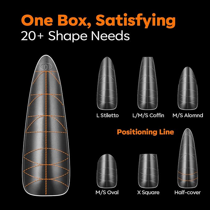 modelones Long Almond Guiding Line Nail Tips, Stiletto Soft Gel Tips Fake Nails False Acrylic Extensions Seamless Accurate Positioning Scale Line, Full Matte Professional Nail Salon 216PCS 12Sizes