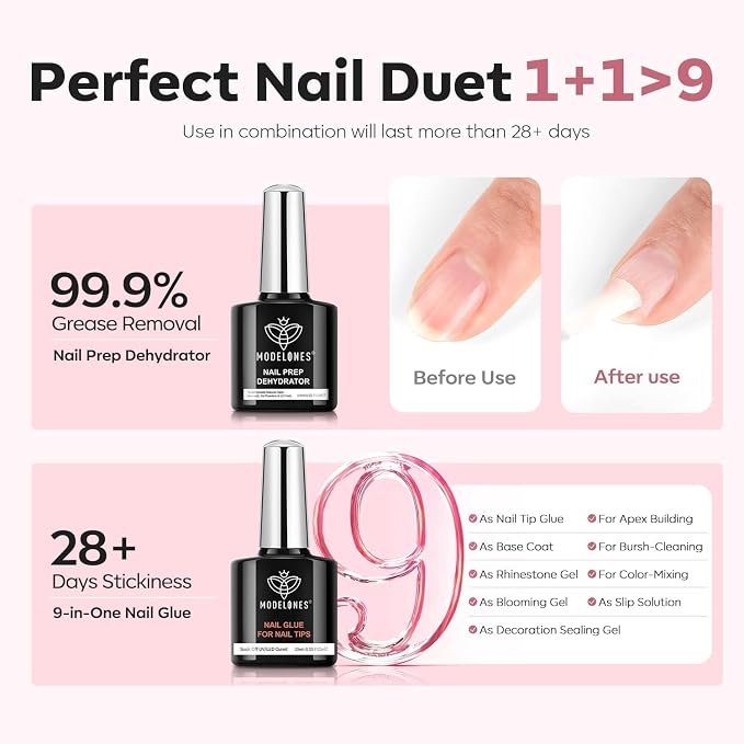 modelones X Nail Gel Kit,9-in-One Glue Prep Dehydrator & Portable Led Lamp | 15Sizes Pre-shaped Gel Nail Tips Short Almond Shape, 510Pcs Press On Extension Kit Gift for Women