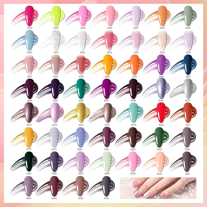 JODSONE 100 Bottles of Gel Nail Polish Kit with U V Led Light 95 Multiple Glossy Glitter Colors Mint Green Light Pink Nail Gel Base Coat Glossy and Matte Top Coat