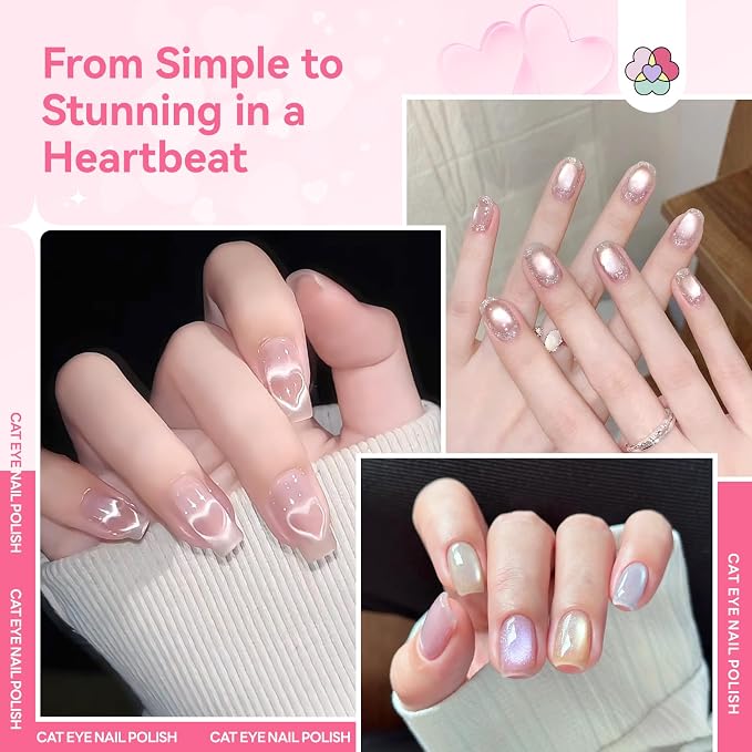 SAVILAND Valentine Nail Polish Set, 6 Romantic Pink Colors, 0.34 Fl.oz | Quick Dry, Cat Eye Shimmer, Magnetic Fingernail Polish with Magnet Stick, DIY Home Manicure Gift for Women Girls